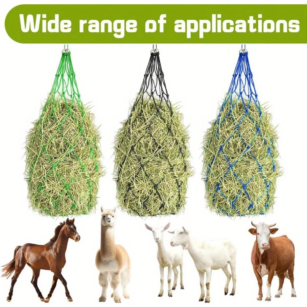 Red de heno duradera, productos para el cuidado de caballos, equipo de heno con agujeros de 4 pulgadas, bolsas de red alimentadora de heno de alimentación lenta para caballos