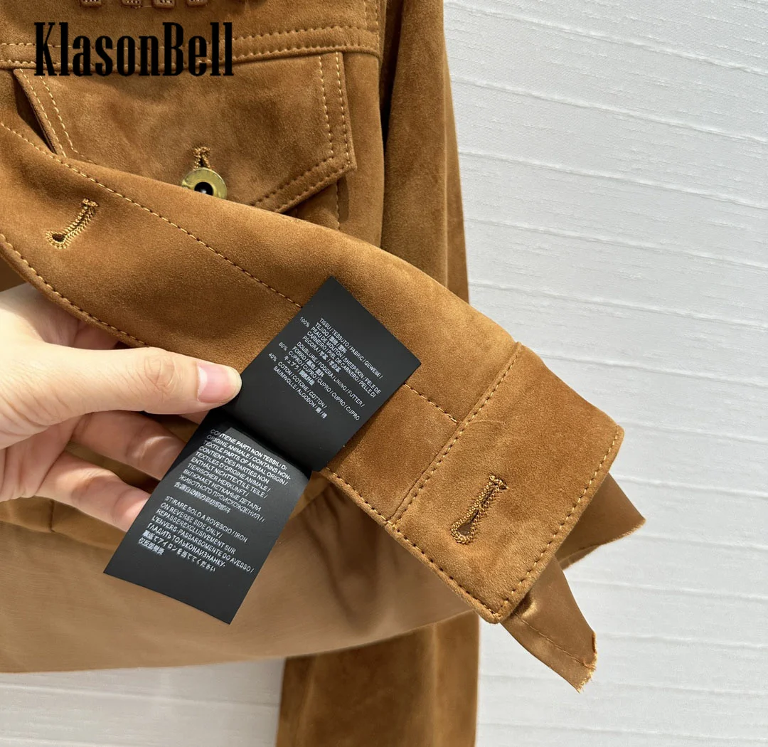 7.11 KlasonBell Letter Embroidery Vintage Kid Suede Lapel Short Jacket For Women Frayed Spliced Sheepskin Straight Outerwear