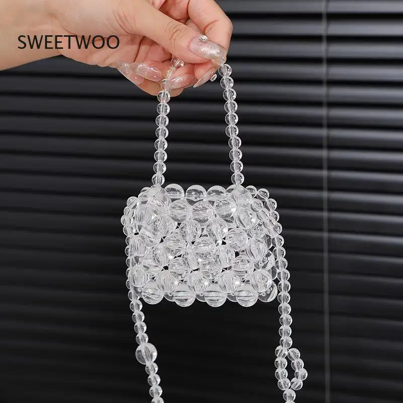 

Mini Beaded Top Handle Bag, Pearl & Crystal Woven Crossbody Purse
