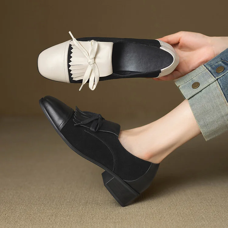 Women Genuine Leather Loafers Color Block Fringe Bow Round Toe Block Heel 3.5CM Pigskin Lining TPR Sole Chic Casual Flats F494