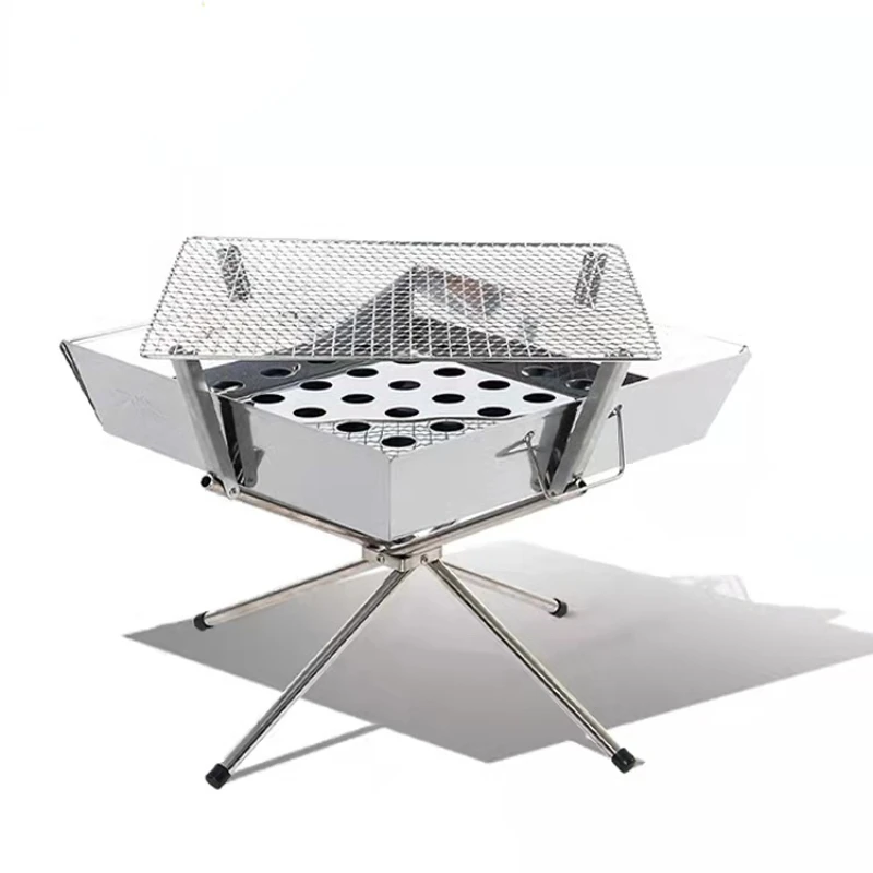 Outdoor Picnic Barbecue Camping Portable Folding Stainless Steel Grill Wood Stove Fire Stand Burne