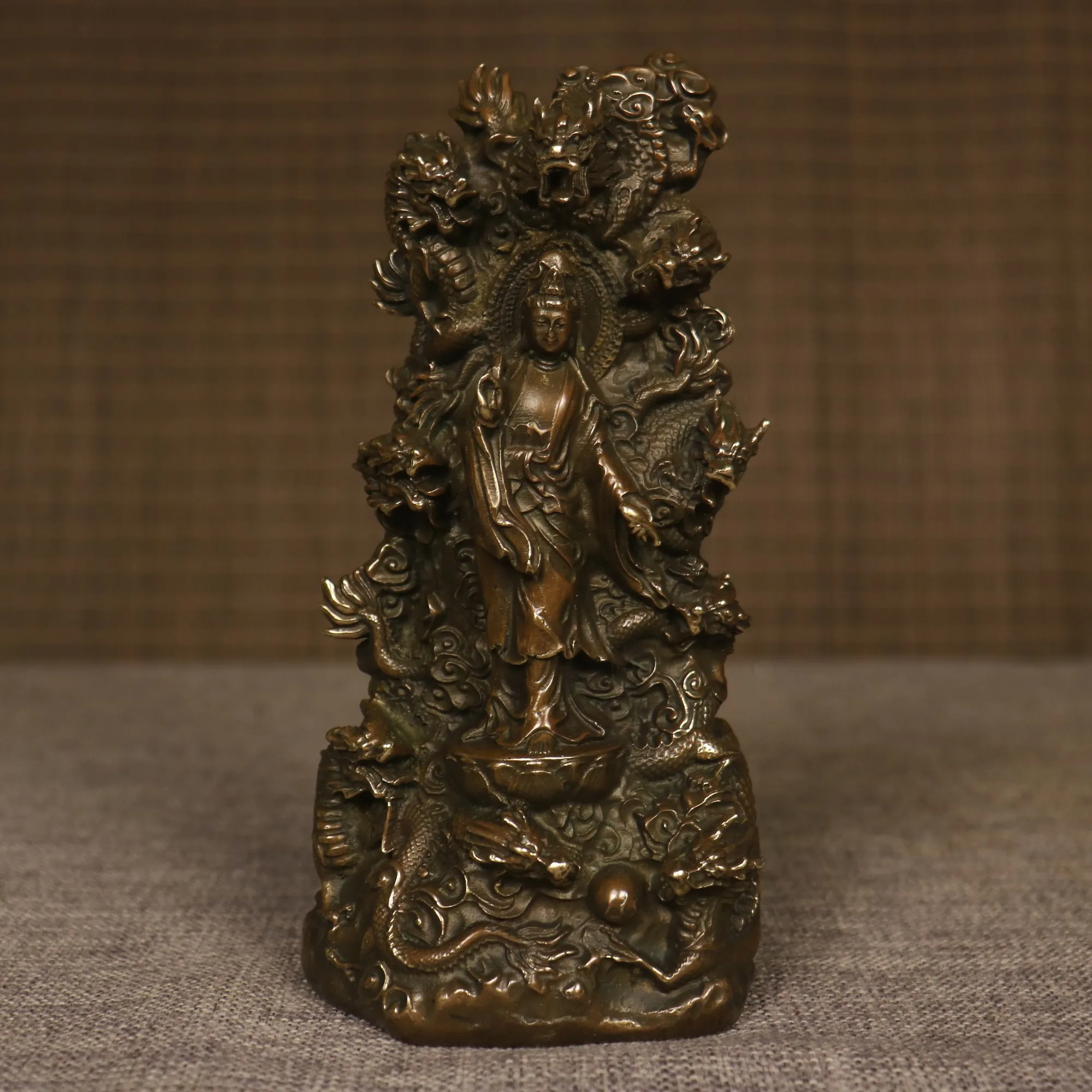

8"Tibetan Temple Collection Old Bronze Cinnabar Nine Dragon Backlight Protector Guanyin Buddha Buddhist Niche Worship Hall
