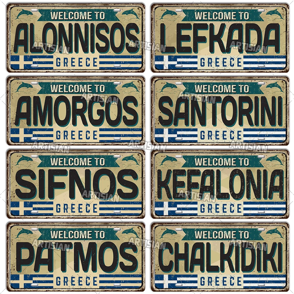 Artisian Greece License Plate LandmarkTin Sign City State Metal Plaque Wall Decor Garage Bar Pub Club Hotel Cafe Kitchen Home