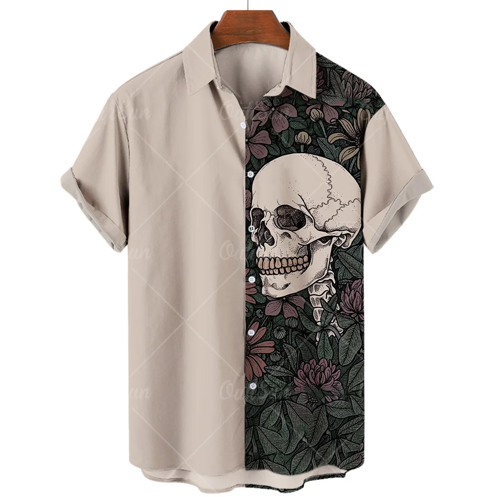 Summer Hawaiian Skull Men\'s Korean Floral Casual Shirt Short Sleeve Harajuku Digital 3d Print Oversized Imported Clothing