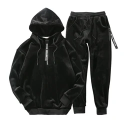 Mannen Dubbelzijdig Hoodies Met Broek Fluwelen Winter Pak Herfst Nieuwe Leisure Goud Fluwelen Set Twee Stuk Trainingspak