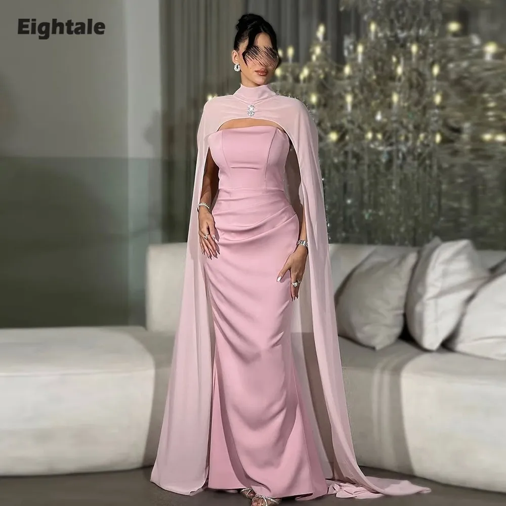 

Eightale Arabic Evening Dress High Neck Customized Satin Cap Sleeves Beaded Pleats Pink Mermaid Prom Wedding Party Gowns