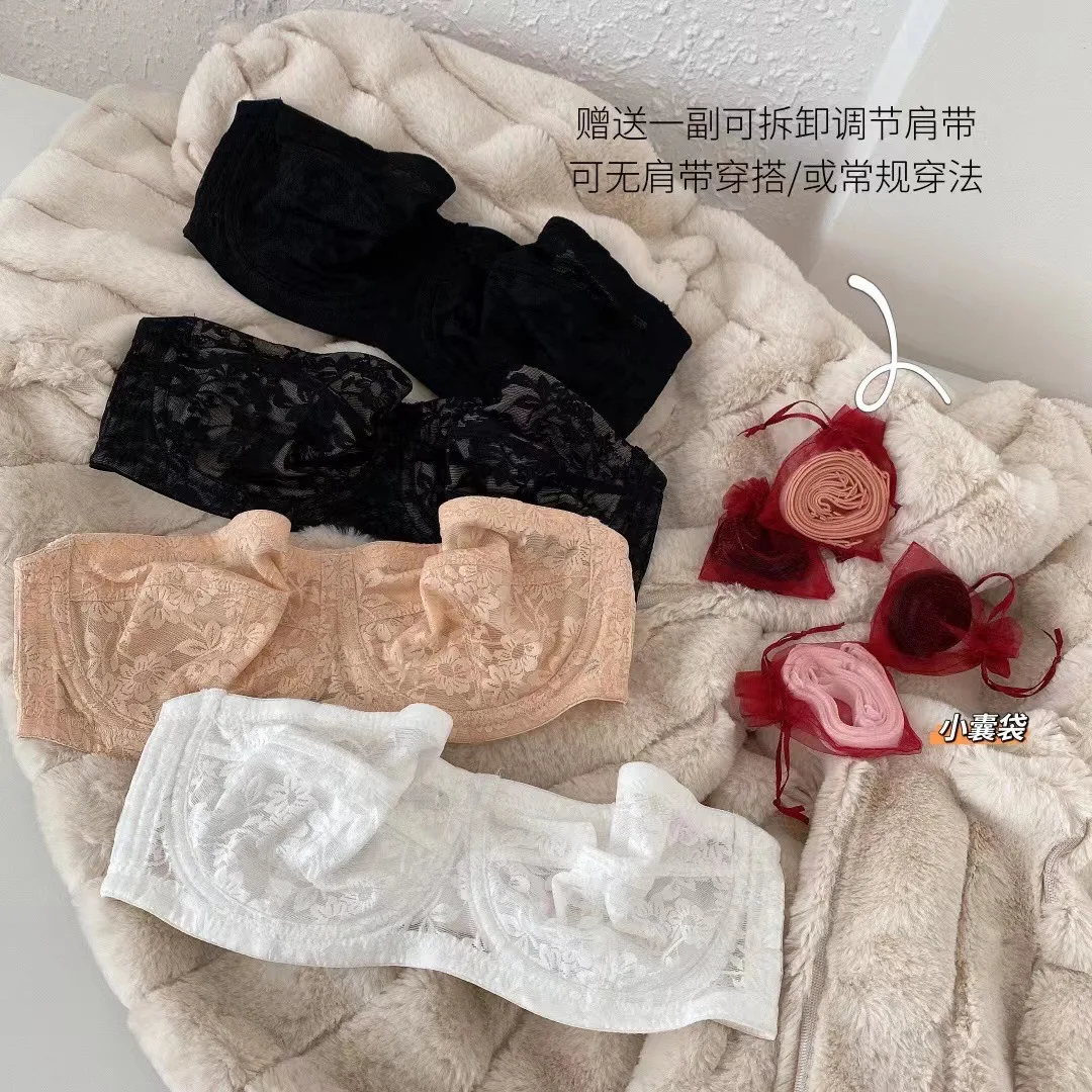 

Sexy lace no sponge bralette ultra-thin cup strapless underwear soft steel ring lingerie non-slip invisible strapless bra