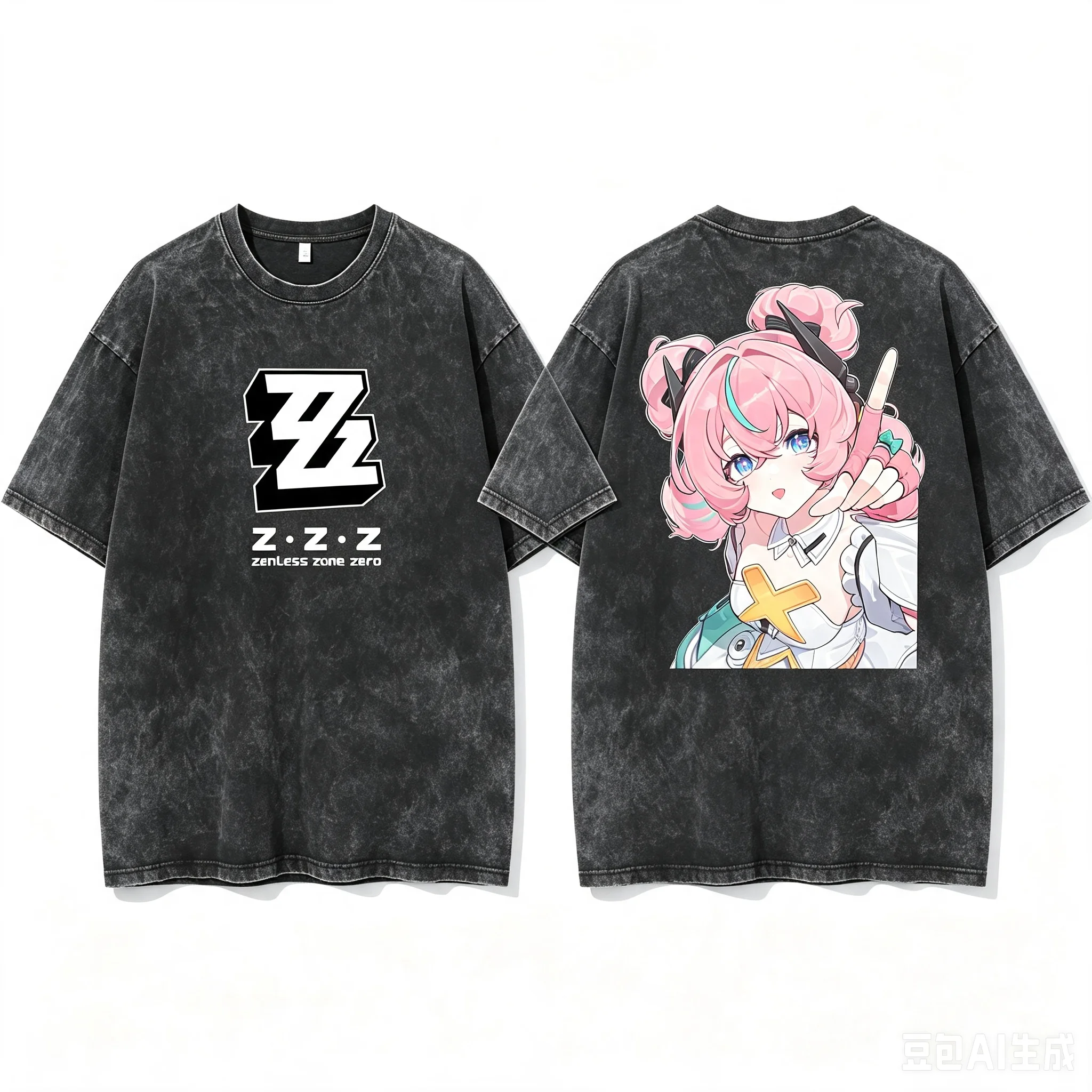 Hoshimi Miyabi Zenless Zone Zero Maid Tea Tray Double Sided Graphic Washed Crew Neck Short Sleeve Women And Men T-shirt