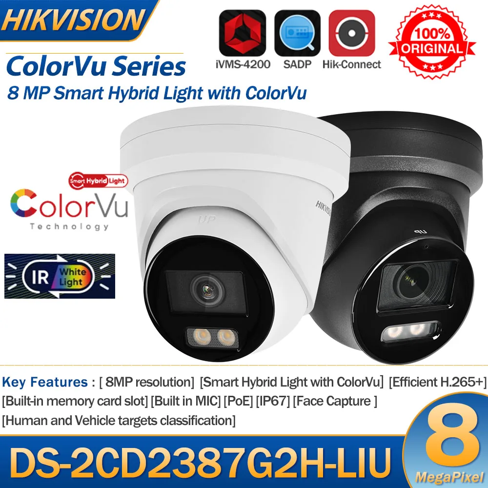 Hikvision 8MP IP Camera DS-2CD2387G2H-LIU 4K Smart Hybrid Light With ColorVu Dual-Light Fixed Turret Network Camera Built-in Mic