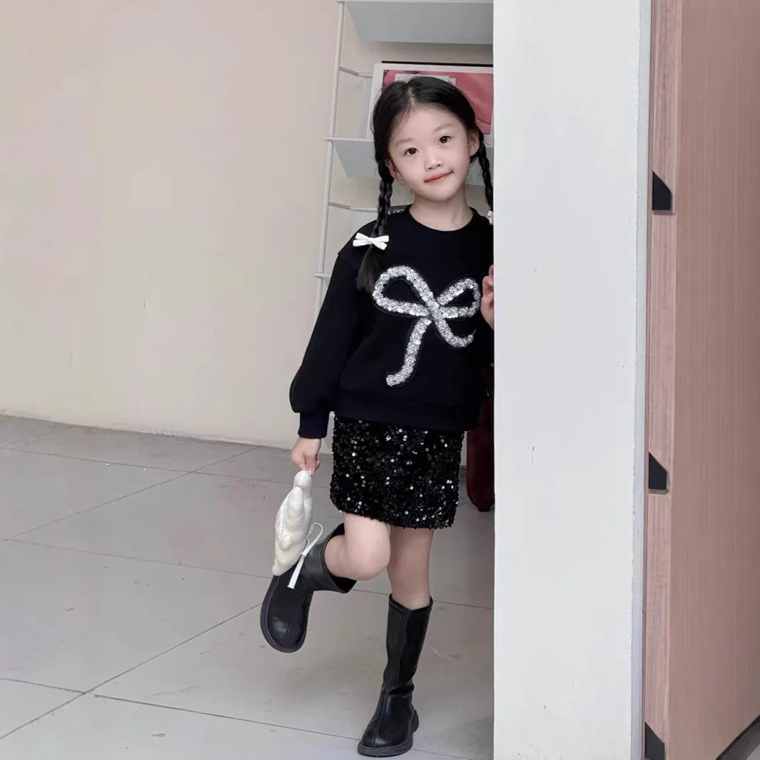 Girls Set 2025 Autumn New Korean Version Sweet Bow Sequin Hoodie Fashionable Sequin Short Skirt Two-piece Set Daily Temperament