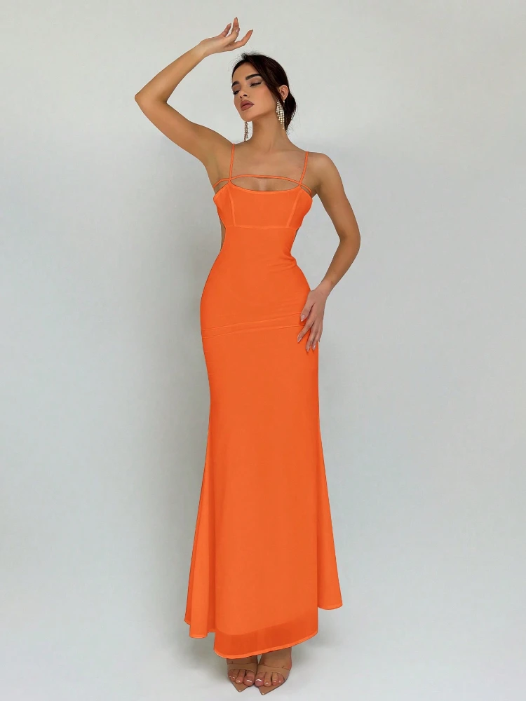 New Summer Women's Fashion Evening Dress Long Dress Orange Sexy Hollow Strap Double Layer Anti Transparent Dress