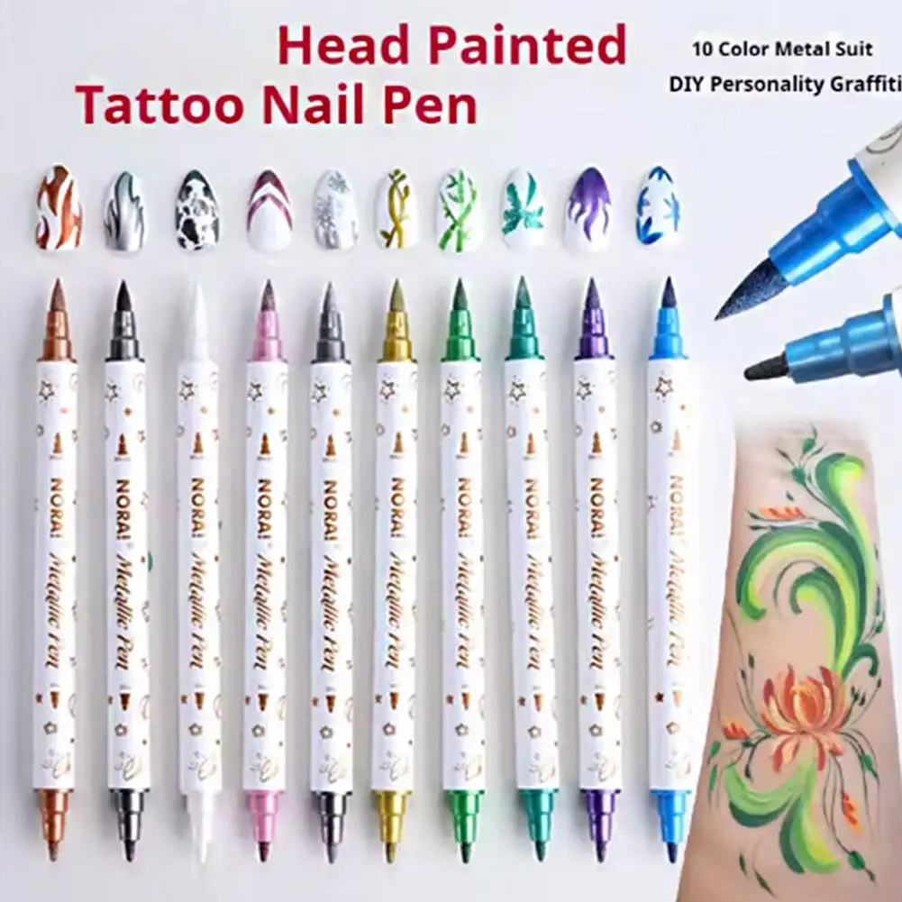 

10 Metallic Colors Dual Tip Acrylic Nail Painting Temporary Tattoo Pen Paint Pens Markers For Rock Painting Ceramic Surfaces DIY