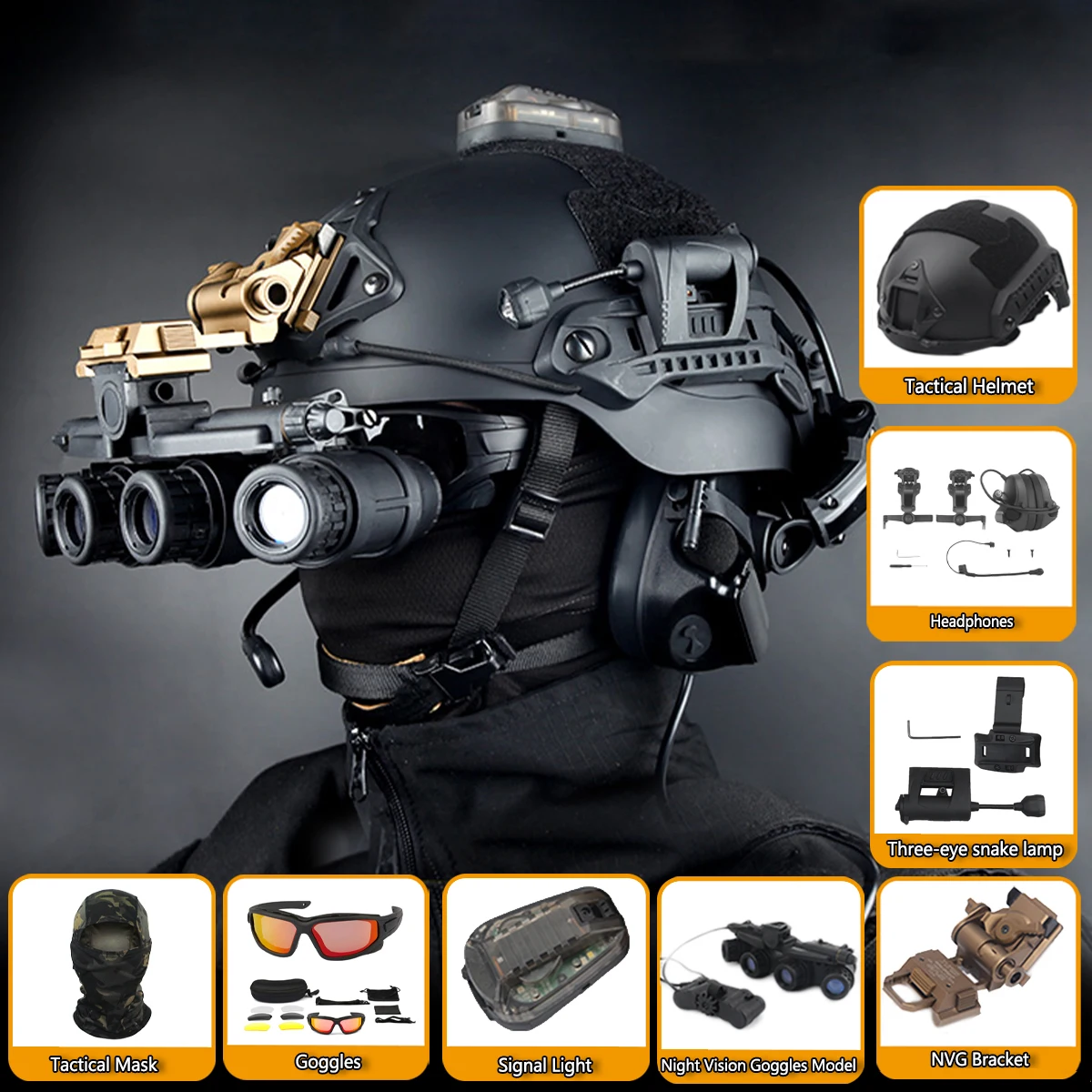 

Tactical Helmet Set with Night Vision Model Communication Headset Goggles for Airgun Shooting Game Role Playing Movie Props