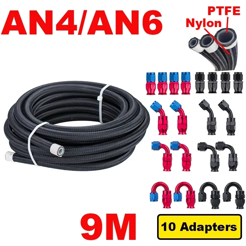 9M 30ft AN4 AN6 E85 Tube Nylon Stainless Steel Braided PTFE Car Fuel Line Fitting Kit 0+45+90+180 Degree 10Pcs Swivel Hose Ends