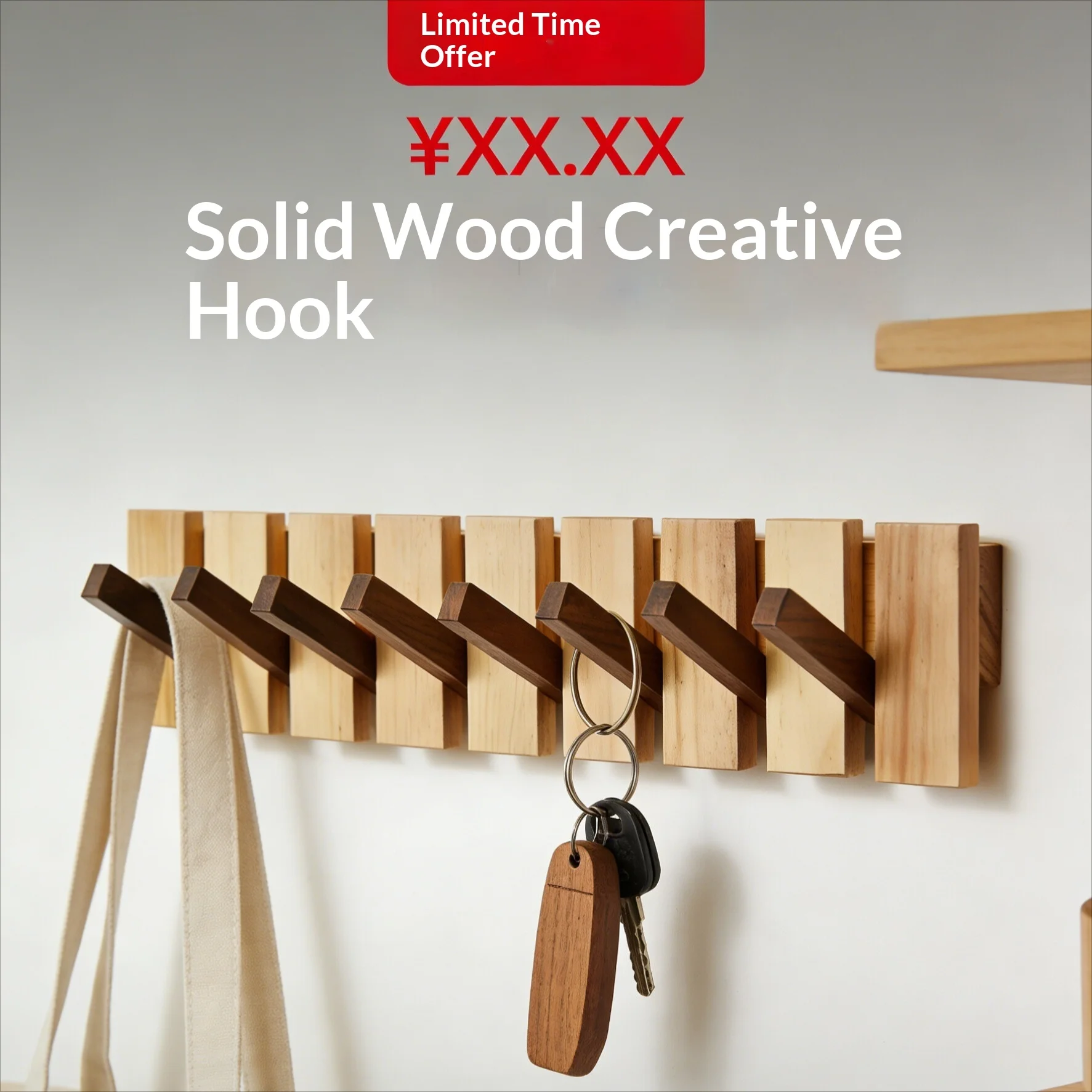 

Wooden Piano Key Coat & Key Hooks - No-Drill Wall & Door Mount Entryway Hanger - Creative Organizer