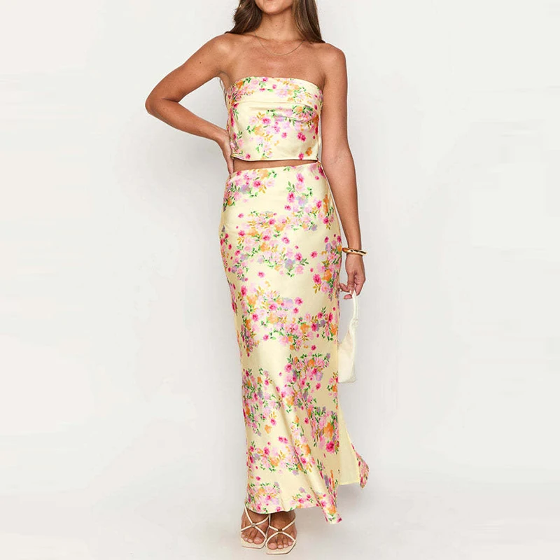 

Fashion Solid Color Outfits Elegant Slim Slit Skirts Vacation Set Summer Casual Floral Printed Tube Top Vest&Half Skirts 2 Piece