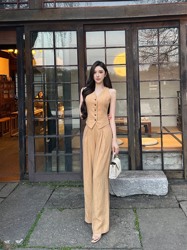 

Ультракомфортный комплект из хлопка и льна: топ-жилет и брюки прямого кроя с высокой талией, утягивающий, повседневный, модный женский костюм SX àn Xǐ