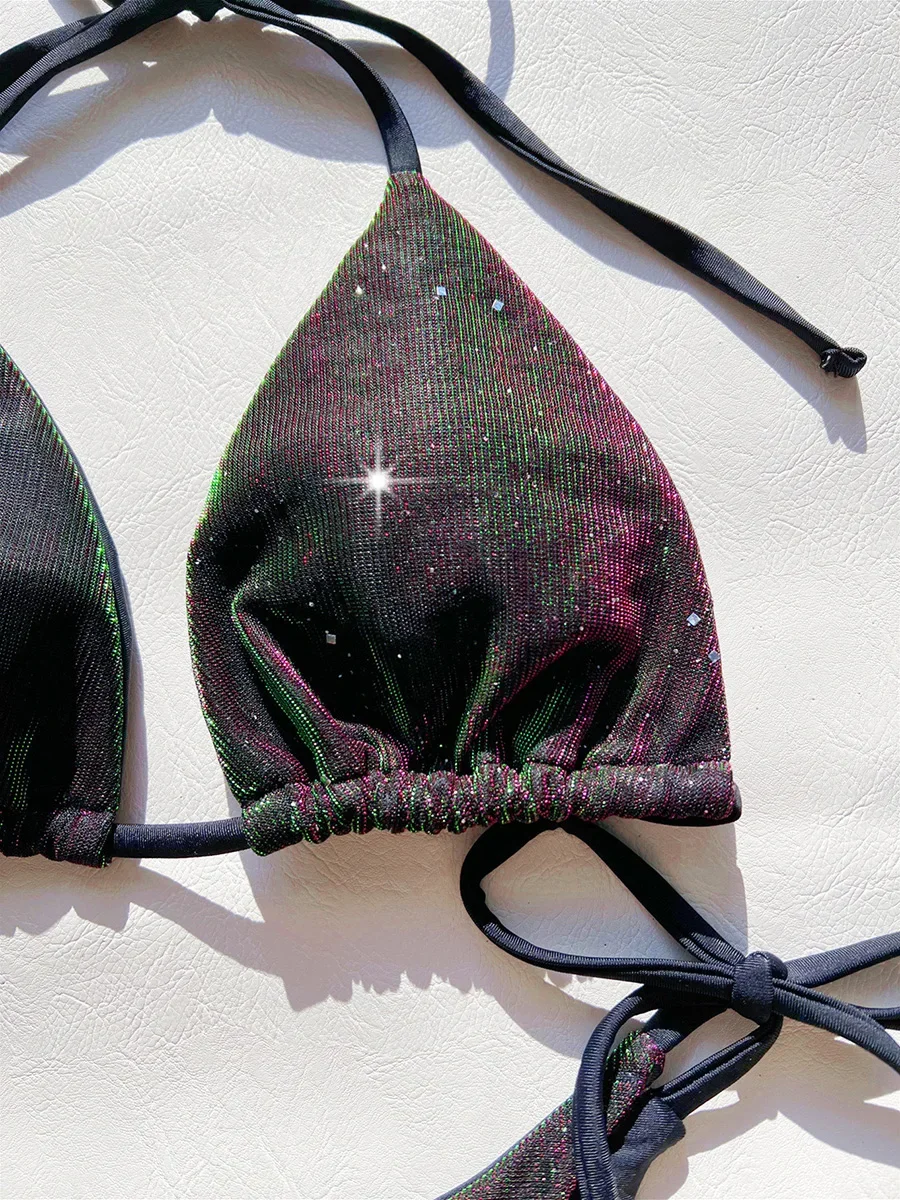 Sexy Shiny Gradient Purple Halter Strappy Bikini Female Swimsuit Women Swimwear Two-pieces Bikini Set Bather Bathing Suit Swim