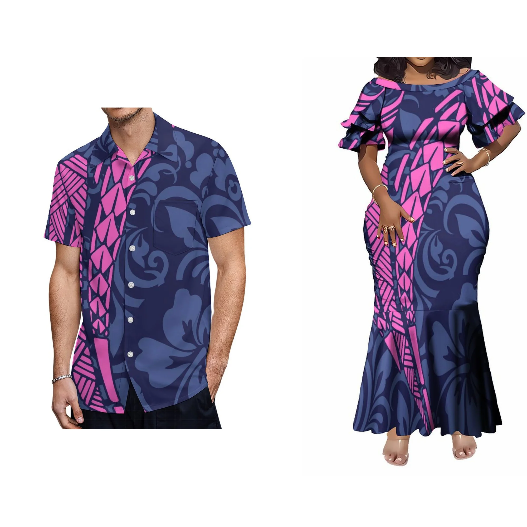 

Hot Selling Petal Sleeve Crew Neck Mermaid Long Dress Custom Samoa Polynesian Tribal Fishtail Dresses Plus Size Womens Dress