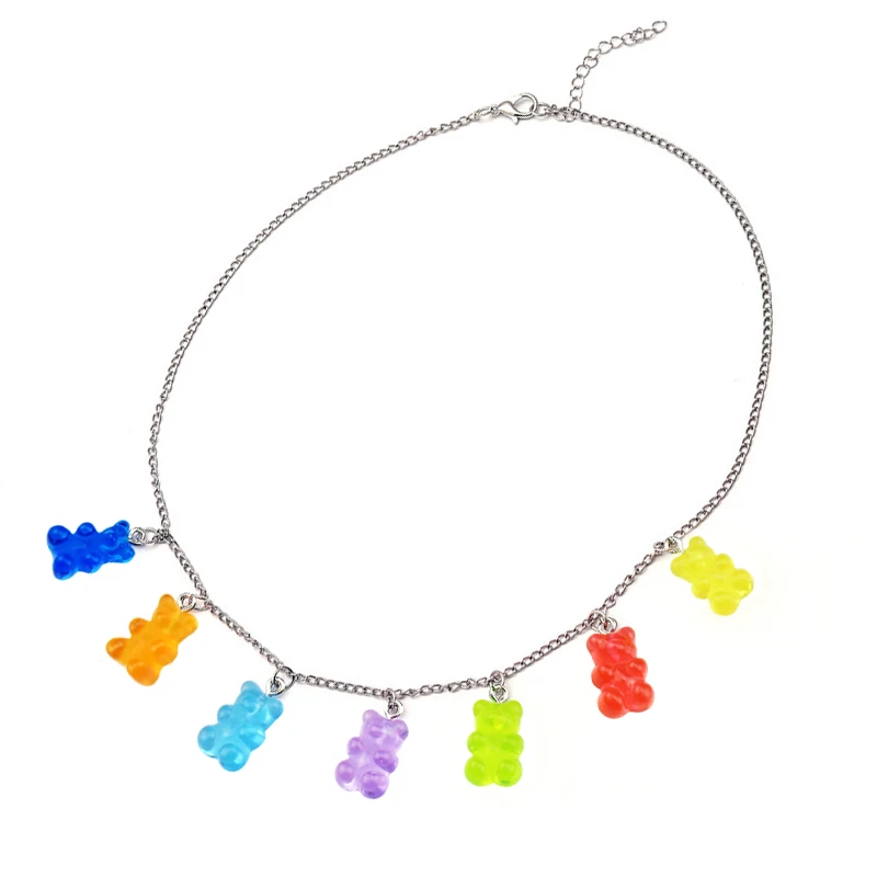 7 Colors Rainbow Bear Necklace Cute Jelly Bear Gummy Bracelet for Women Girls Punk Girl Hip Hop Resin Necklaces Women's Jewelry