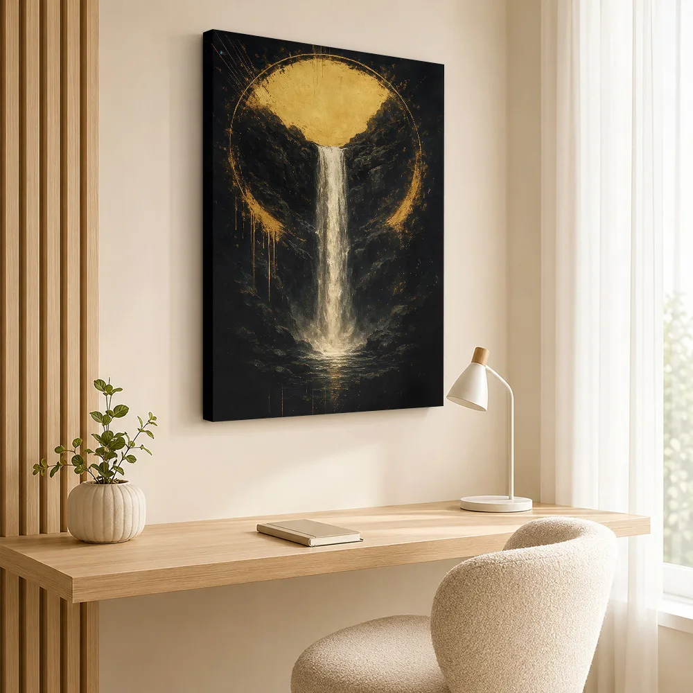 Golden Moon Above Dark Waterfall Canvas Print Customized Photo Kintsugi Inspired Wall Art For Fantasy Reading Room, Dreamer Gift