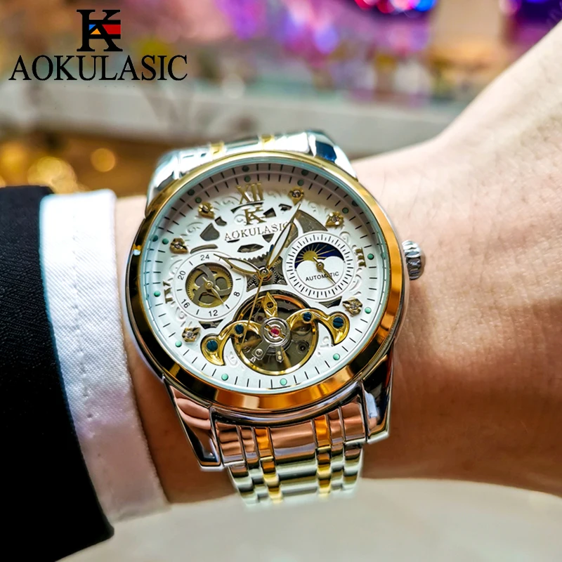 ساعة ميكانيكية فاخرة للرجال من AOKULASIC موضة رياضية مقاومة للماء ساعات أوتوماتيكية للرجال مرحلة القمر توربيون ساعة يد مضيئة
