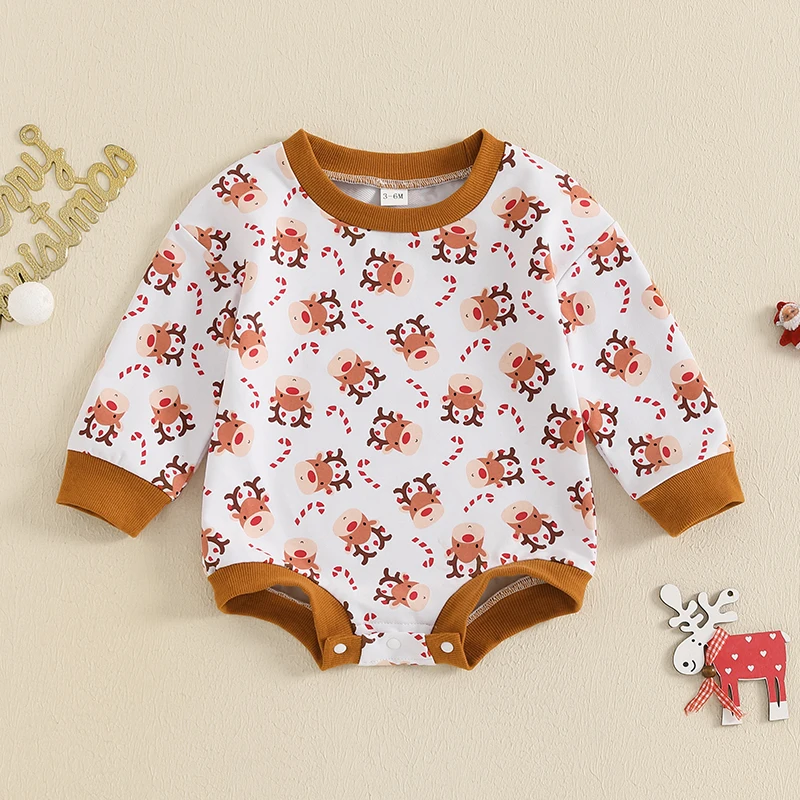 

VISgogo 0-12 Months Newborn Girls Boys Christmas Bodysuits Long Sleeve Crewneck Elk Print Sweatshirt Rompers Fall Clothes