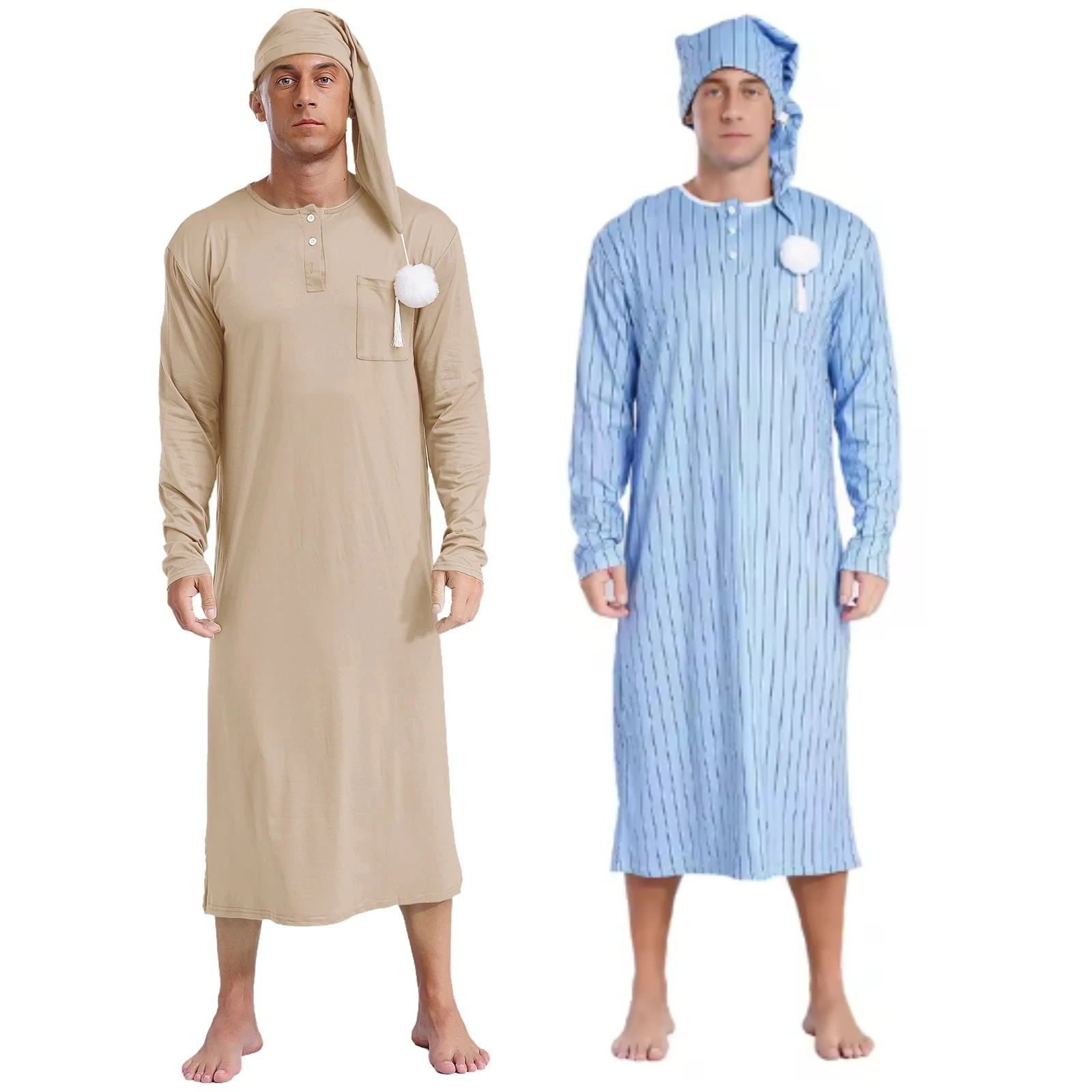 

Men's Nightgown Adult Christmas Pajamas Button-down Fancy Dress Outfit Costume Cosplay with Sleeping Cap Pajama Set Nightgown