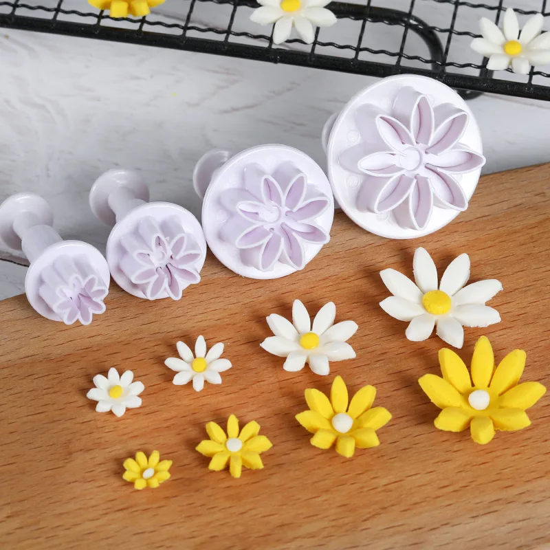 4Pcs Wedding Daisy Flower Cake Plunger Fondant Cookie Cutter Mold Plum Baking Decorating Biscuit Stamps For Kitchen Accessories