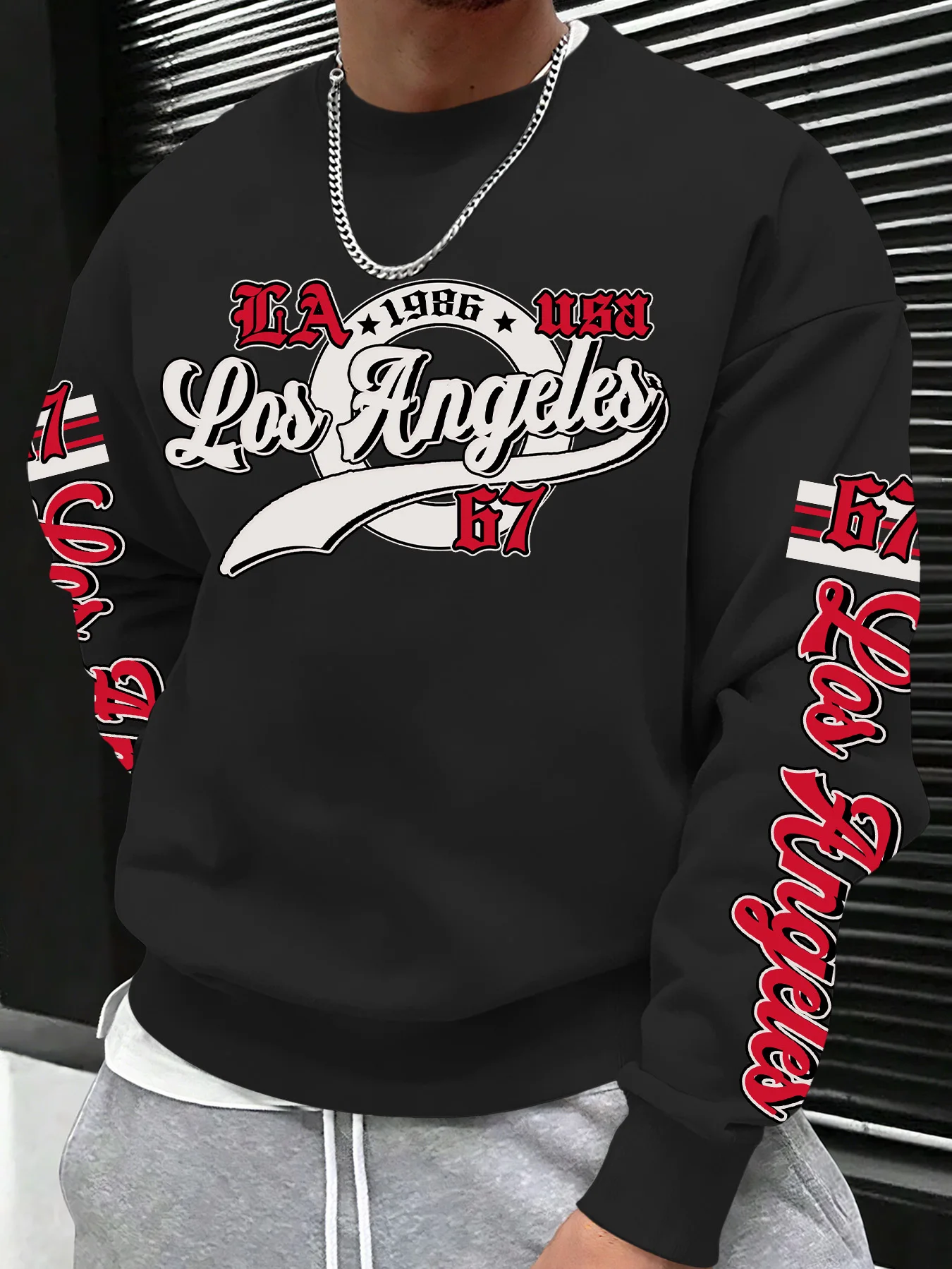Men Women Fashion Sweatshirt, Los Angeles LA 1986 67 Vintage Script Letter Print, American Varsity Street Style, Oversized，S-XXL
