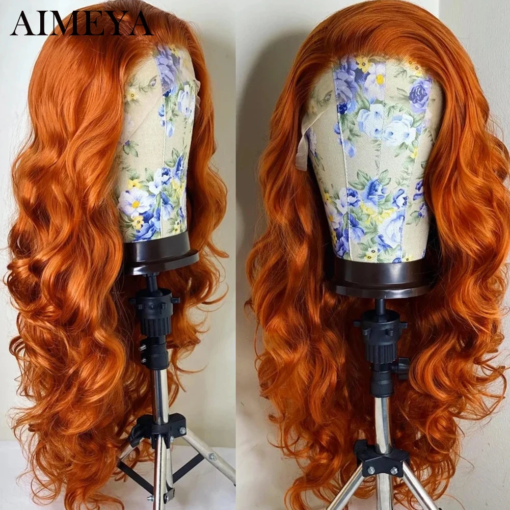 AIMEYA Natural Wave Synthetic Lace Front Wigs For Women Ginger Orange Wig Heat Resistant Middle Part Wig Long Cosplay Hair Wigs