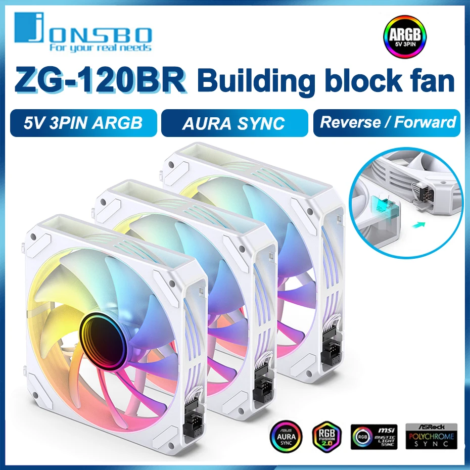 JONSBO ZG-120BR 3in1 120mm Computer Case Fan 5V/3Pin ARGB Wire-free Splicing Side Light Guide Reverse CPU Cooling Fan