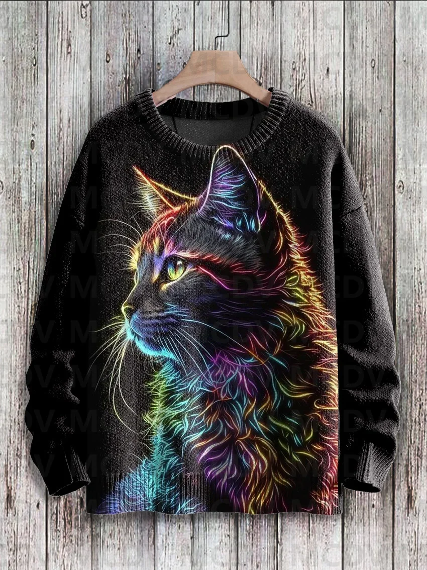 Multicolor Cute Cat Art Print Knit Pullover Sweater Women For Men Sweater