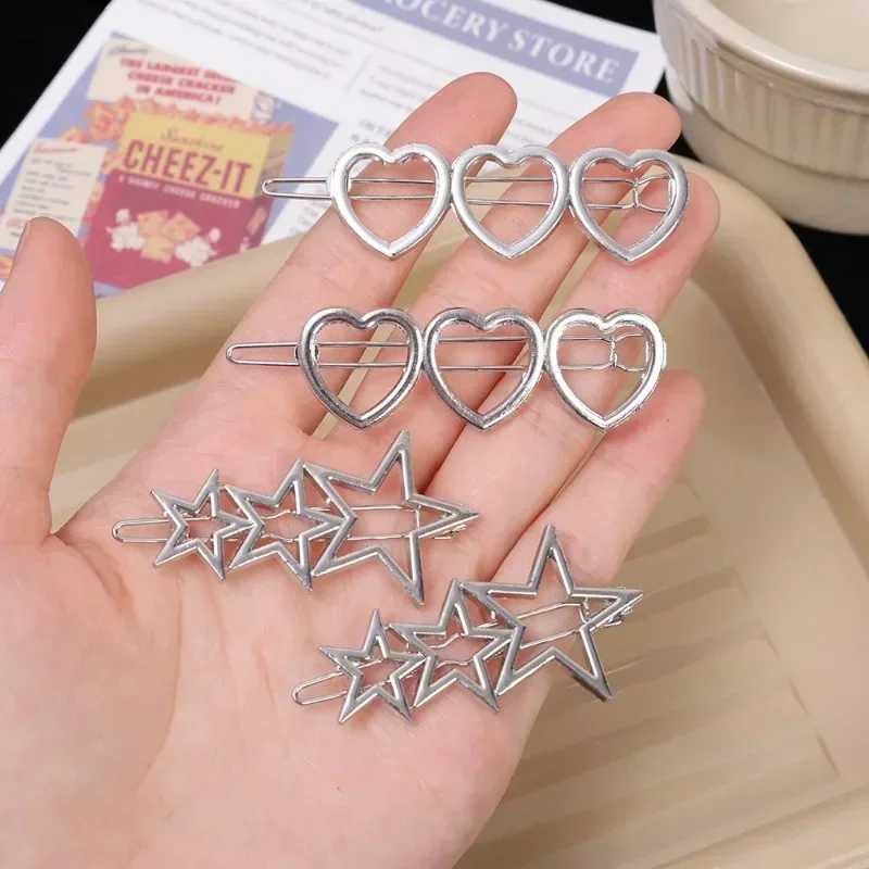 Y2K Hollow Heart Star Metal Hair Clip Sweet Girls Silver Color Love Pentagram Hairpins Fashion Geometric Hair Accessories Gifts