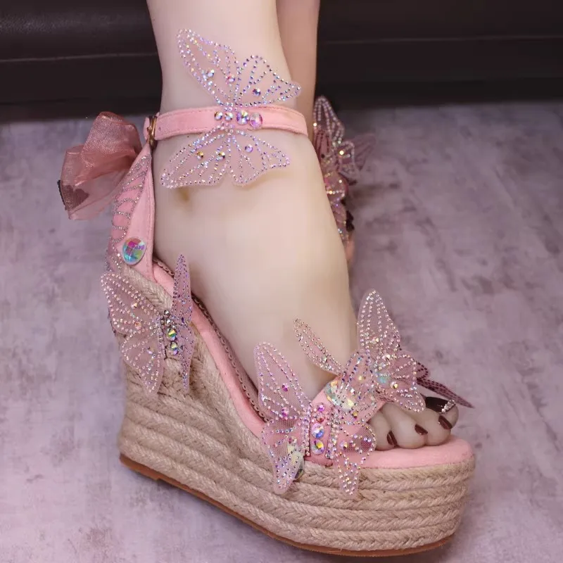 

Sweet Pink Fairy Bling Mesh Butterfly Embelished Rope Wedge Sandals Platform Wedged Heels Beach Vacation Sandalias