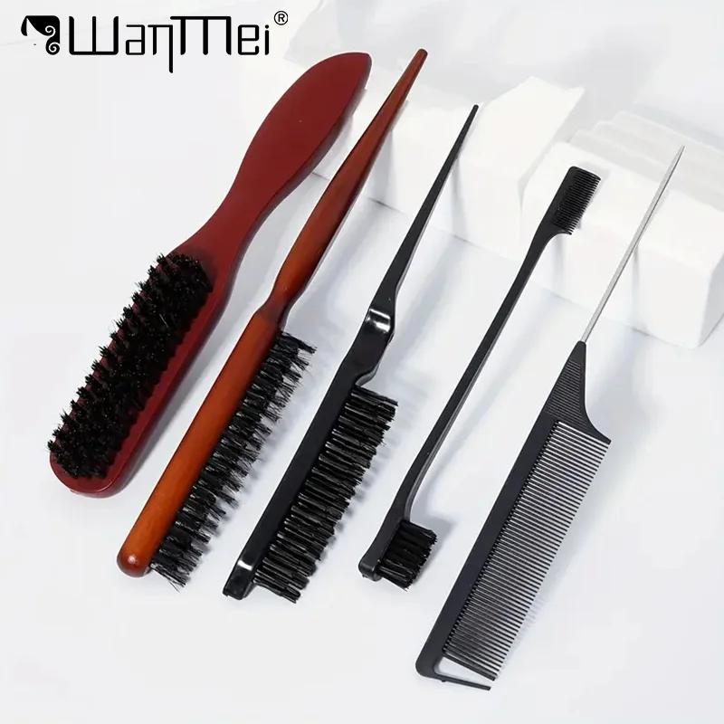 

2/5pcs Salon Mane Bristle Hair Brush Set with Fluffy Rat Tail Hairbrush Teasing Beard Shaving Brush Edge Styling Tools Gifts