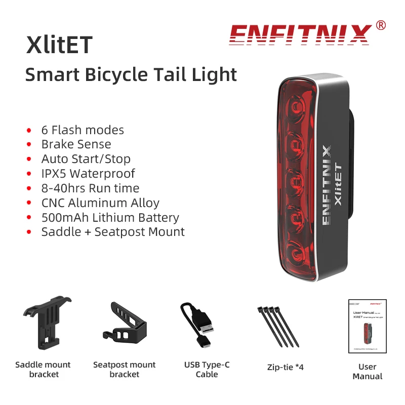 

Enfitnix XlitET Bicycle Taillights Auto Start/Stop Bike Rear Smart Taillight USB /Type C Charging WaterProof Brake Sensing Light