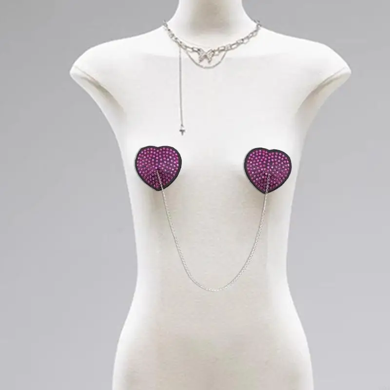

72XE Rhinestones Nipple Cover Pasties with Chain Rave Party Adhesive Reusable Sticky Bras Petals Chest Stickers for Women