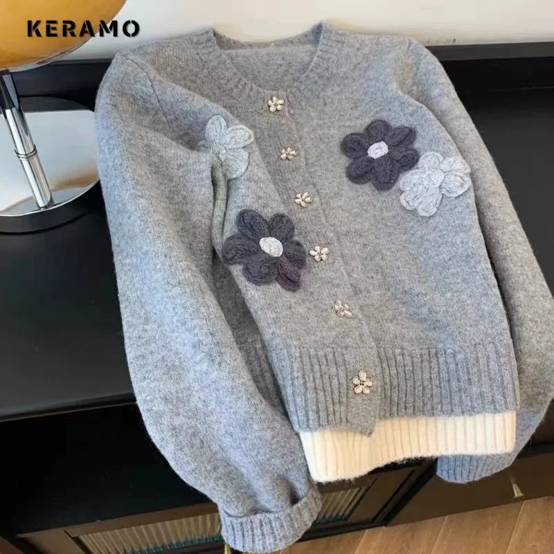 2025 Winter Fashion Casual Single Breasted Trui Vrouwen Breien 3D Bloemen Jumpers Lange Mouw O-hals Losse Grijze Vesten