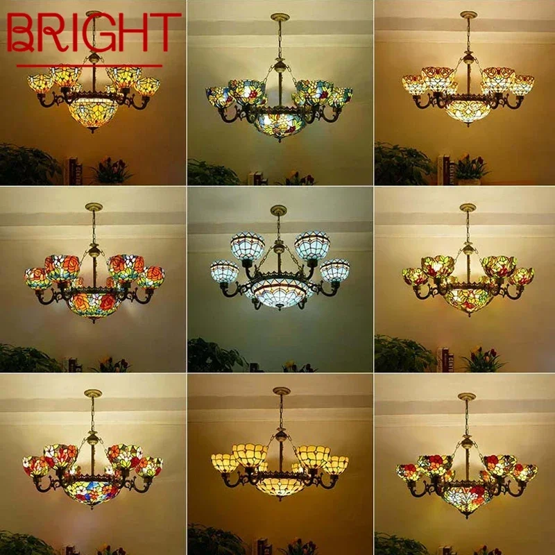 

BRIGHT Tiffany European Living Room PendantLamp Vintage Creative Color Glass restaurant Bedroom Hotel Chandelier