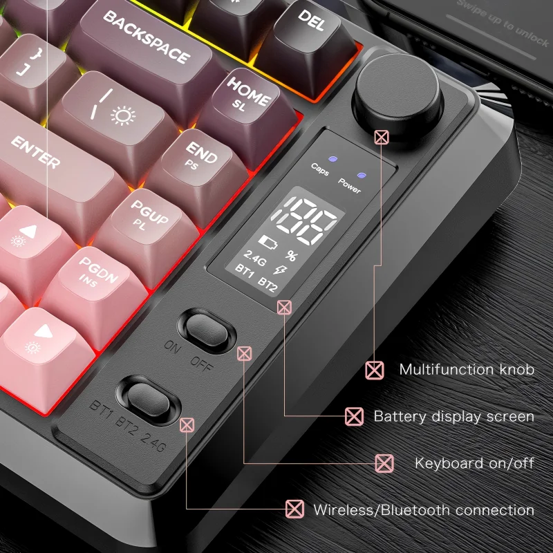 Teclado sem fio com tela de exibição M75, modo duplo Bluetooth, tampa esférica gradiente PBT, teclado para jogos