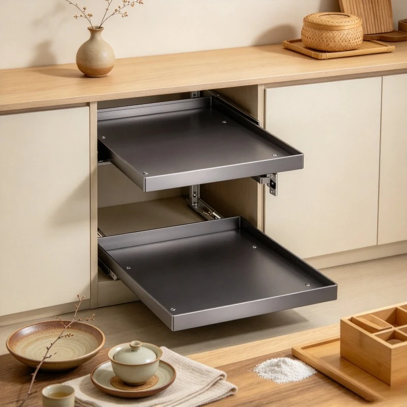 Slide-out Cabinet Shelf, Multi-layer Kitchen Rack Organizer, Microwave Rice Cooker Storage Tray, Quiet Drawer Basket Holder Set.