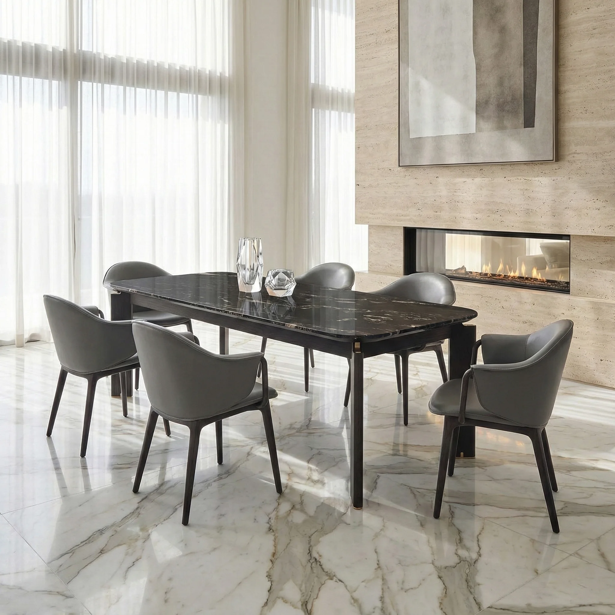 Luxury Dining Table Set Black Marble Top With 6 Leather Chairs For Modern Restaurant