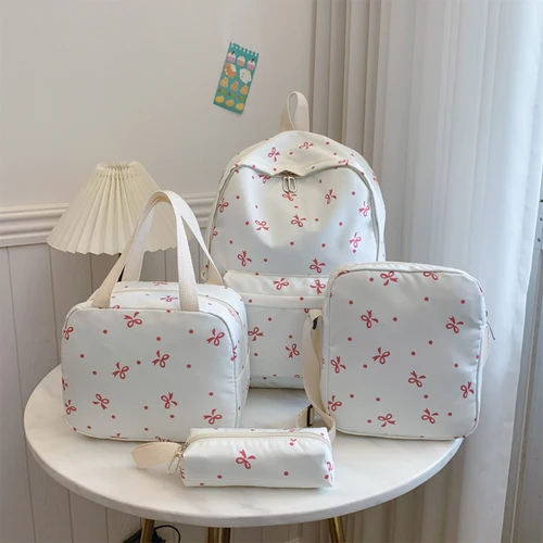 Imagen 1 del producto Conjunto de mochila con estampado de lazo de 4 piezas para mujer, bolso cruzado, bolso y estuche para lápices, paquete escolar ligero con múltiples bolsillos