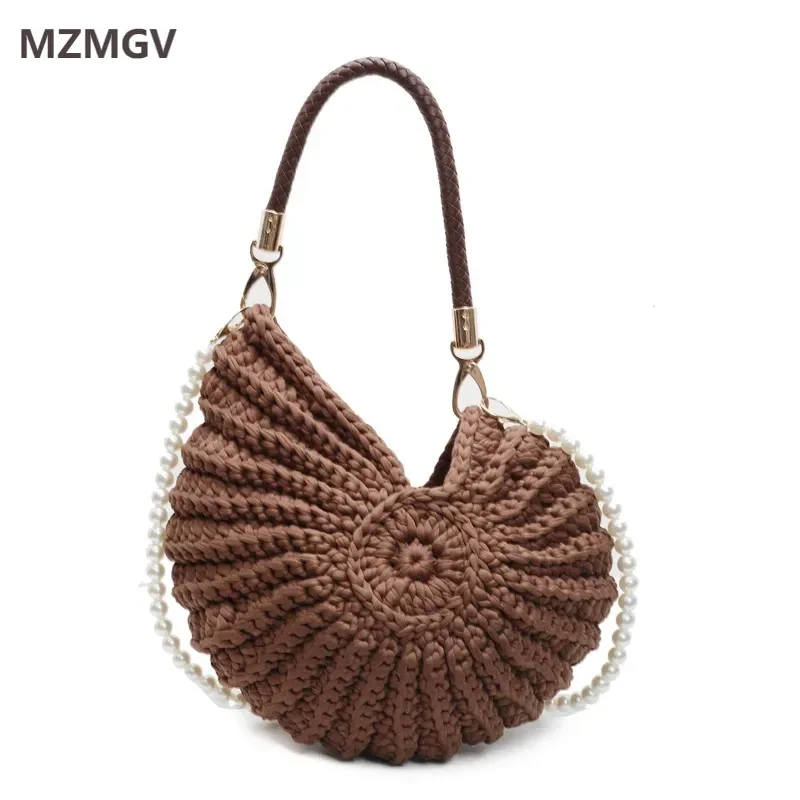 

Meet You Hand Knitting Conch Shaped Crochet Handbag Seaside Travel Holiday Beach Bag Trend Pearl Chain Crossbody Novelty Bag