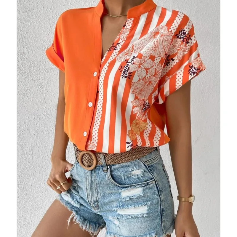 

Elegant Fashion Striped Floral Printed V Neck Short Sleeve Street Button Shirts 2025 Summer Casual Loose Top Blouse Women Blusas