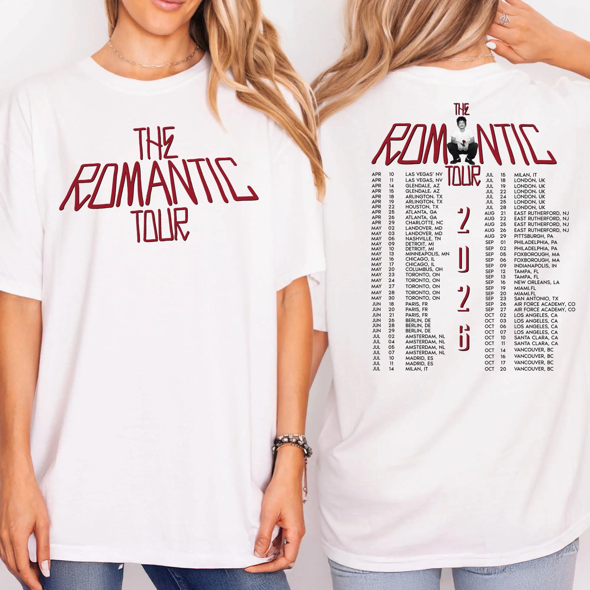 Bruno Mars The Romantic Tour 2026 Double‑Sided Print T‑Shirt, World Tour Date List Graphic Short Sleeve Tee, Unisex Oversized