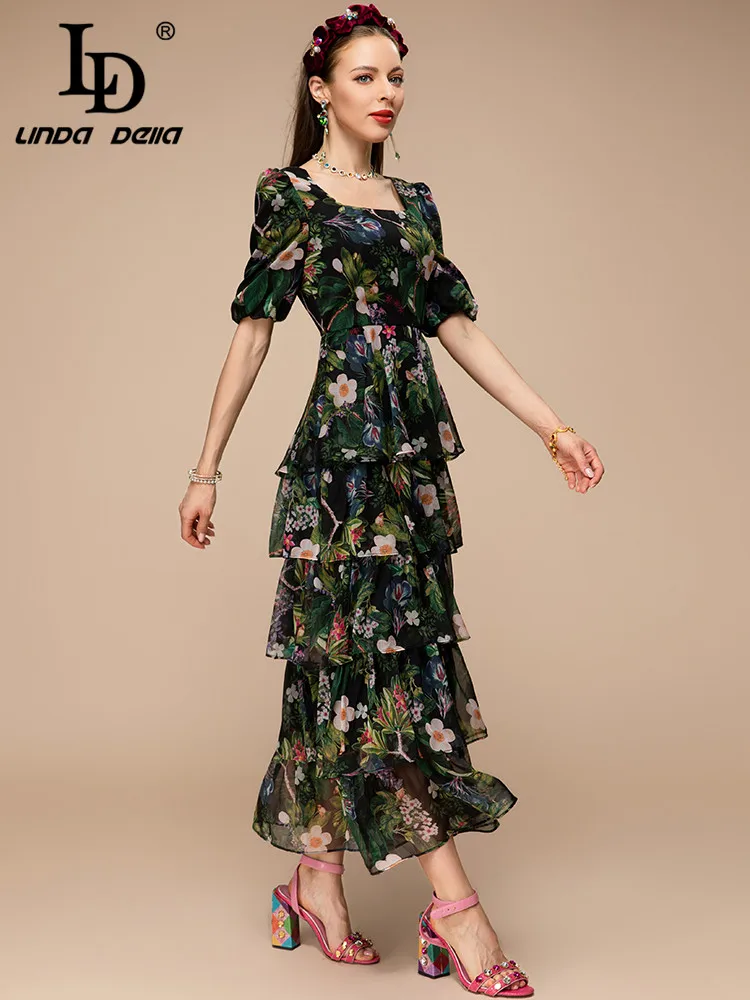 Imagem -02 - Linda Della Novo 2023 Verão Moda Feminina Vintage Gola Quadrada Vestido Longo Cintura Alta Floral Impressão em Cascata Plissado Vestido ld