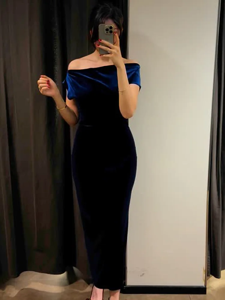 HH TRAF 2024 Herfst Fluwelen Jurk Voor Vrouwen Mode Een Schouder Mouw Schede Midi Jurken Vrouw Chic Vrouwelijke Jurk vestidos