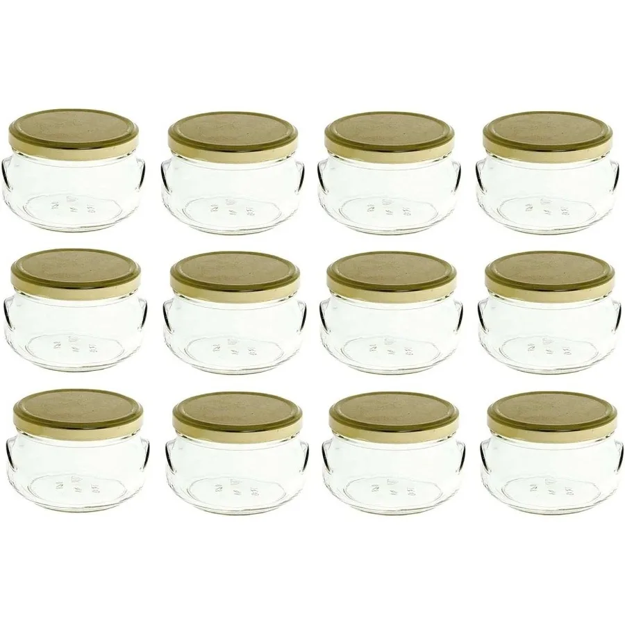 

12 pcs 6.75 oz Glass Tureen Jars with Gold Lids for Kitchen Storage Dining Serving and Home Organization 200 ml Capacity Elegan
